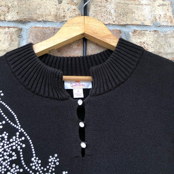 Quacker Factory Let It Snow Rhinestone Snowflakes Knit Black Sweater Top 1X - Picture 4 of 15
